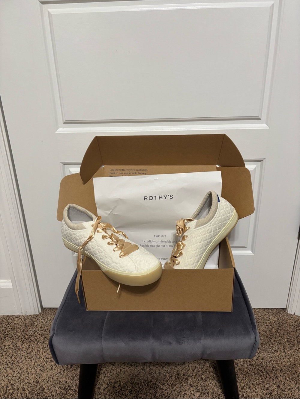 Rothy's Cream Quilted Sneakers with Pale Gold Ribbons